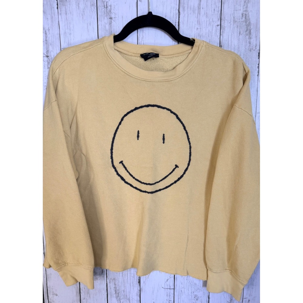 Blank Paige Yellow Smiley Face Graphic Sweatshirt Raw Hem Small Made in USA